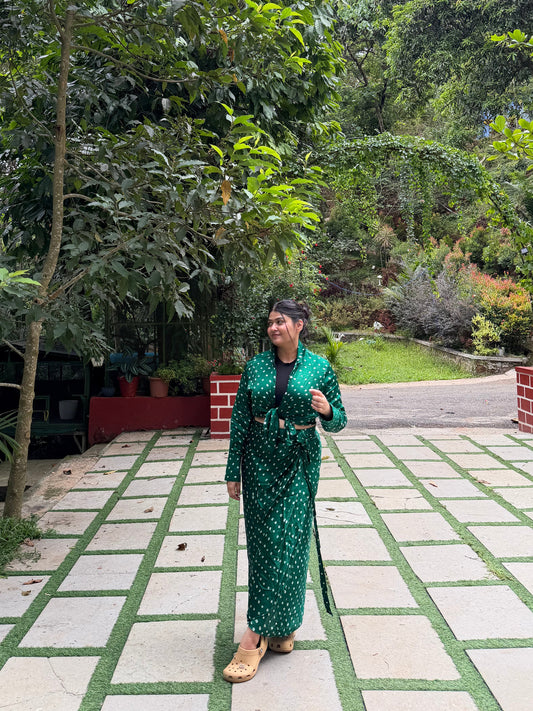 Bandhani Shirt & wrap around skirt set - Green