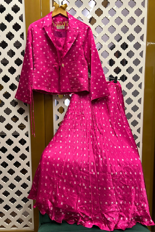 Bandhani Blazer & Lehenga Set - Pink