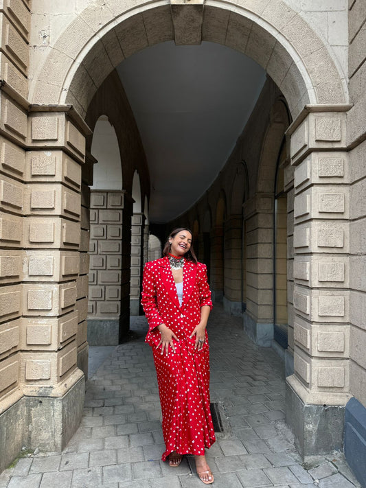 Bandhani Blazer Set & Drape skirt set X Sapna